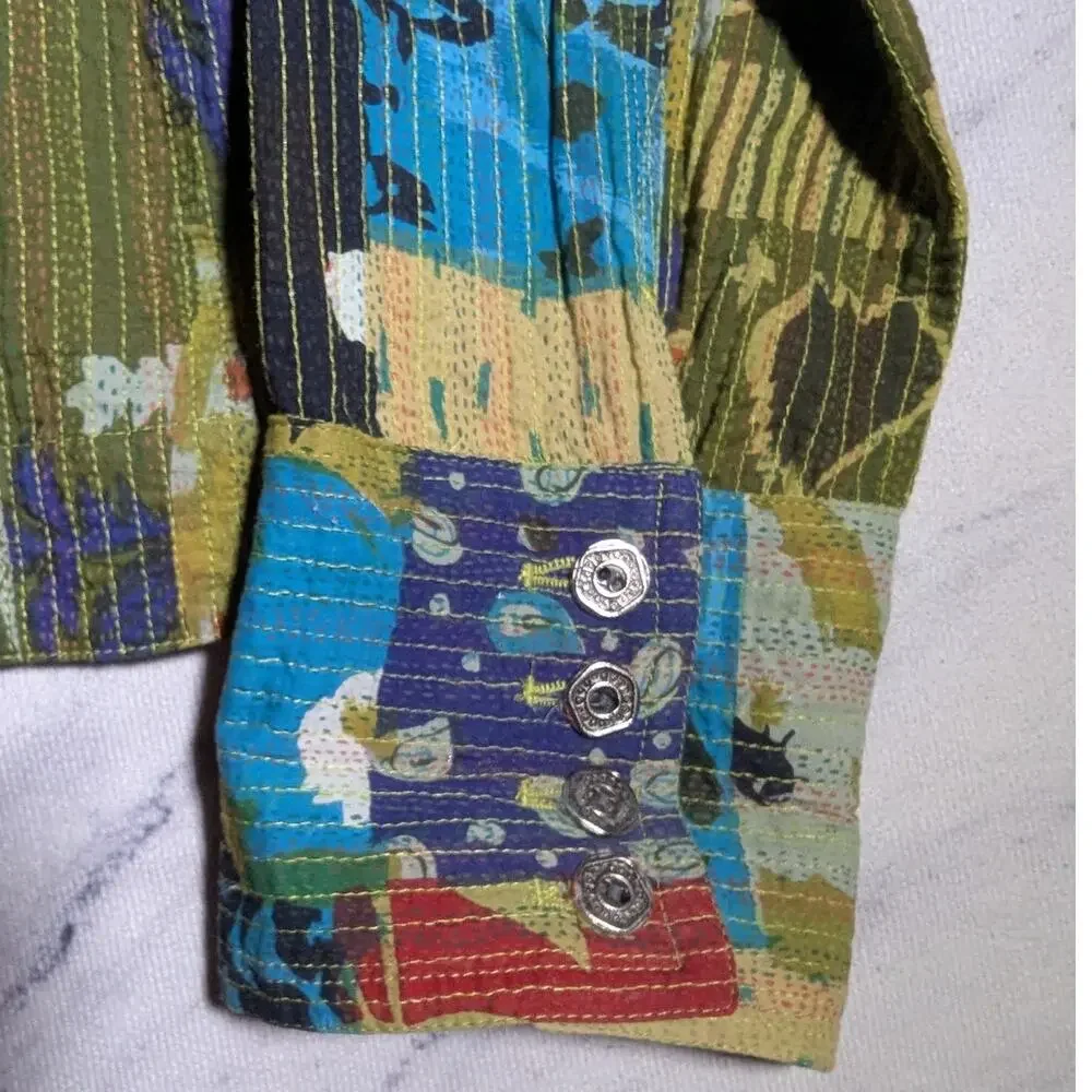 Vtg 1990s Chico's Colorful Patchwork Quilted Button Up 100% Cotton Jacket 2 L